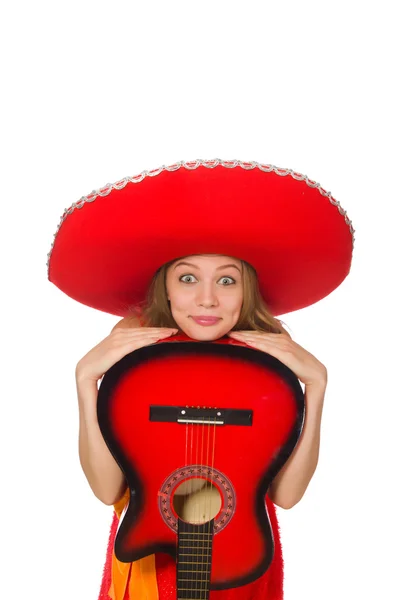 Vrouw met sombrero gitaarspelen op wit — Stockfoto