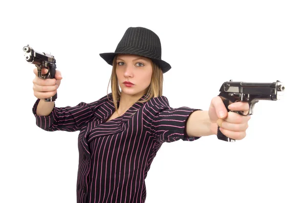 Gangster mulher com arma isolada no branco — Fotografia de Stock