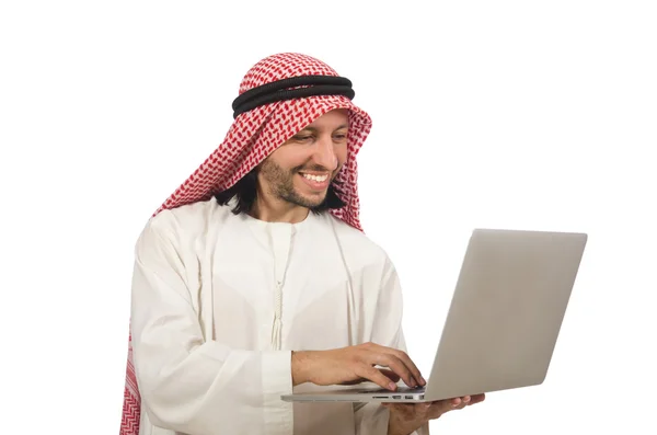 Homme arabe avec ordinateur portable isolé sur blanc — Photo