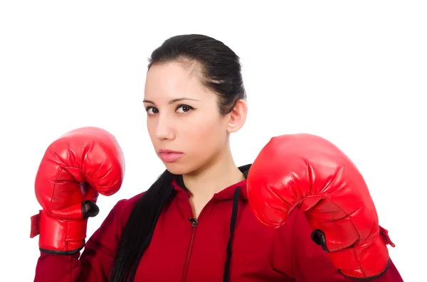 Mujer boxeadora aislada en el blanco — Foto de Stock