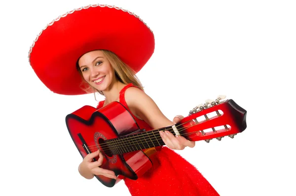 Vrouw met sombrero gitaarspelen op wit — Stockfoto