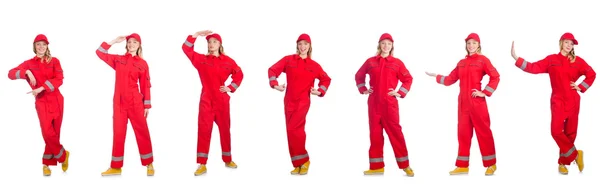 Woman in red overalls isolated on white — Stock Photo, Image