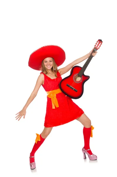 Frau mit Sombrero spielt Gitarre auf Weiß — Stockfoto