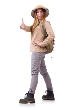 Beyaz safari şapkalı kadın.