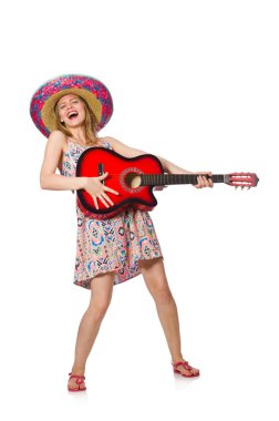 Müzikal konsepti olan beyaz gitarlı kadın