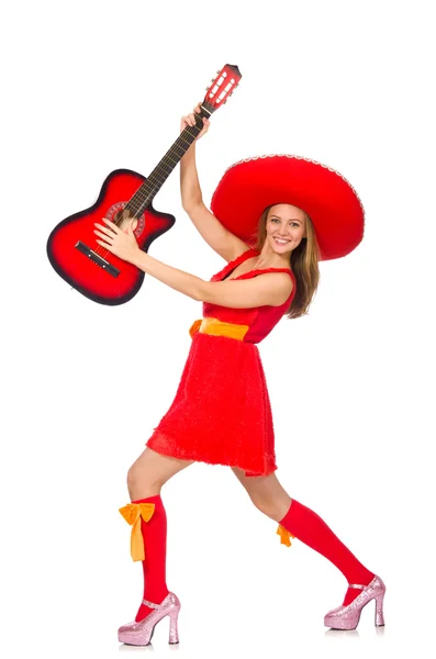 Frau mit Sombrero spielt Gitarre auf Weiß — Stockfoto