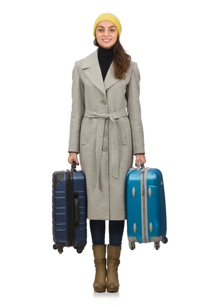 Женщина с чемоданом готова к зимним каникулам — стоковое фото