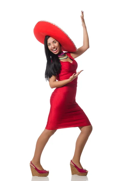 Fötr şapka ile Kırmızı elbiseli kadın — Stok fotoğraf