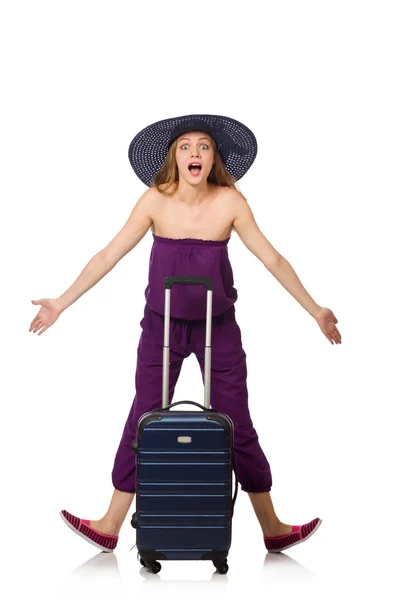 Woman with suitcase isolated on white — Stock Photo, Image