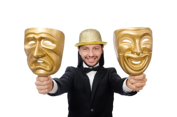 Man with theater mask isolated on white — Stock Photo, Image