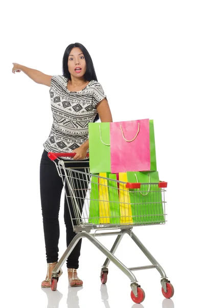 Kobieta w koncepcji zakupów na białym — Zdjęcie stockowe