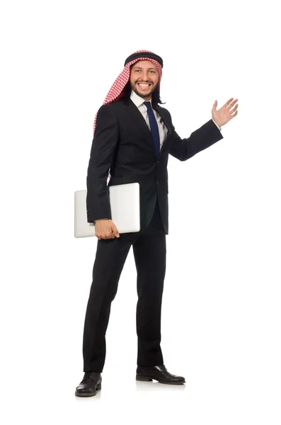 Uomo d'affari arabo con computer su bianco — Foto Stock
