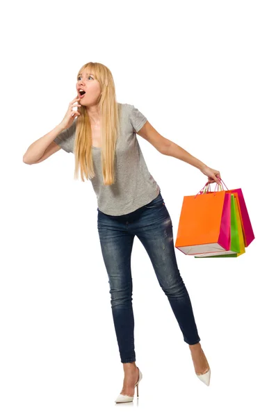 Femme avec des sacs à provisions isolés sur blanc — Photo