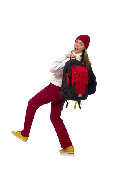 Étudiant drôle avec sac à dos isolé sur blanc — Photo