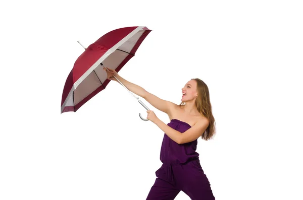 Woman with umbrella isolated on white — Stock Photo, Image