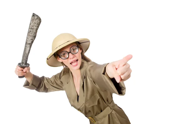 Mujer con sombrero de safari en blanco — Foto de Stock