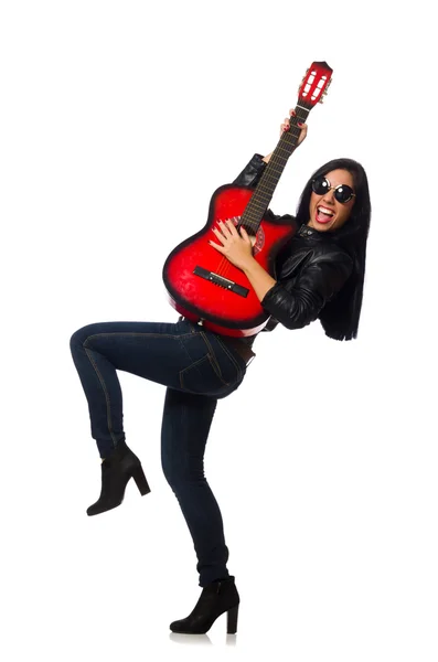 Mujer tocando la guitarra aislada en blanco — Foto de Stock