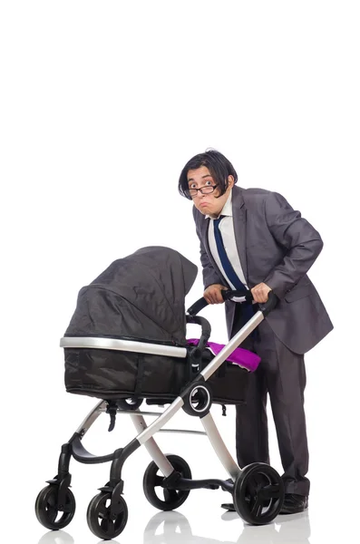 Funny dad with baby and pram on white — Stock Photo, Image