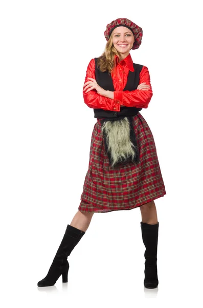 Funny woman in scottish clothing on white — Stock Photo, Image