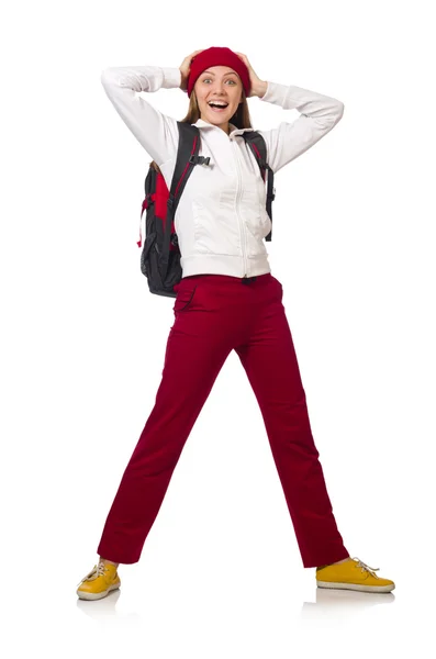 Funny student with backpack isolated on white — Stock Photo, Image