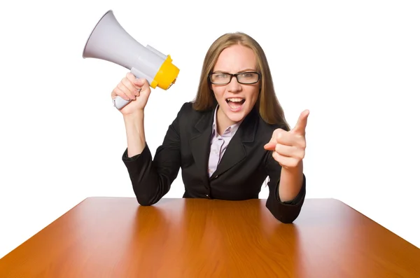 Woman with loudspeaker isolated on white — Stock Photo, Image