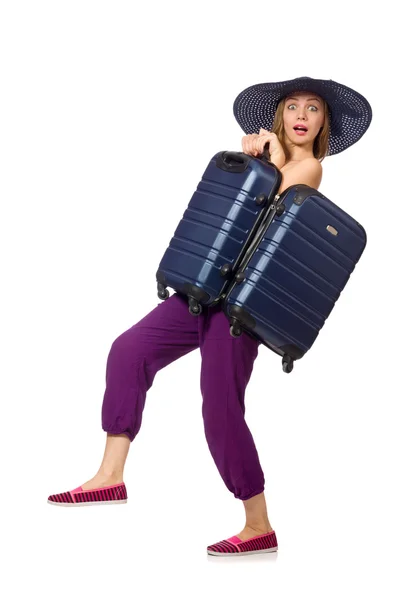 Woman with suitcase isolated on white — Stock Photo, Image