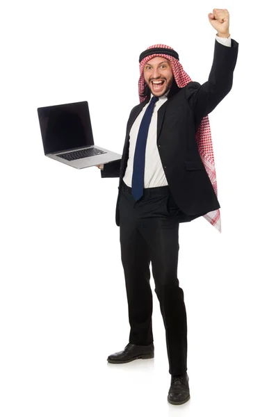 Arabischer Geschäftsmann mit Computer auf Weiß — Stockfoto