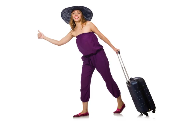 Femme avec valise isolée sur blanc — Photo