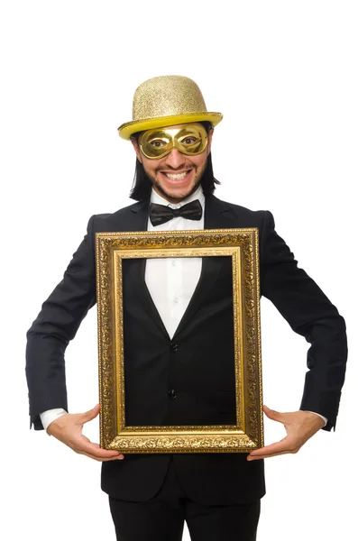 Hombre divertido con marco de imagen en blanco —  Fotos de Stock