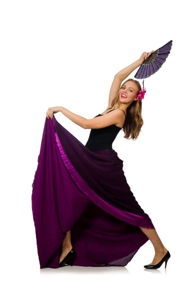 Woman dancing with fan isolated on white — Stock Photo, Image