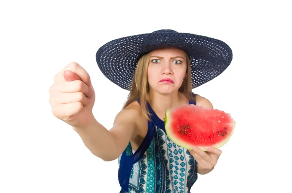 Mujer con sandía aislada en blanco — Foto de Stock