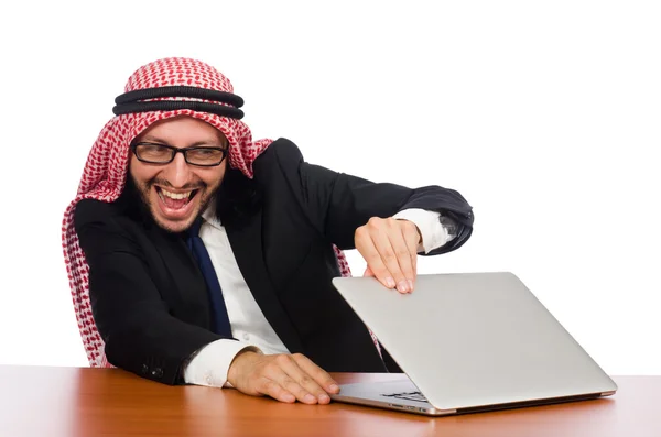 Hombre de negocios árabe con computadora en blanco — Foto de Stock