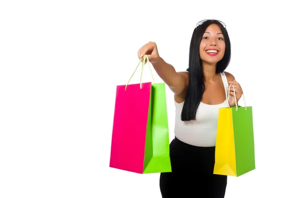 Mujer con bolsas de compras en blanco — Foto de Stock