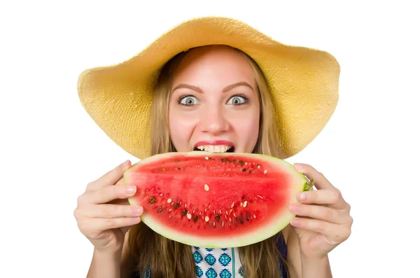 Woman with watermelon isolated on white — Stock Photo, Image