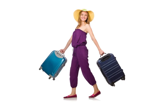 Woman with suitcase isolated on white — Stock Photo, Image