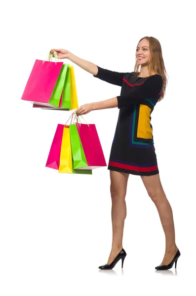 Vrouw met boodschappentassen geïsoleerd op wit — Stockfoto