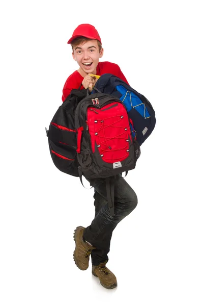 Young traveller with backpack isolated on white — Stock Photo, Image