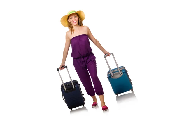 Woman with suitcase isolated on white — Stock Photo, Image