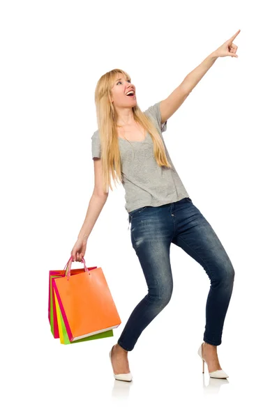 Donna con shopping bags isolata su bianco — Foto Stock