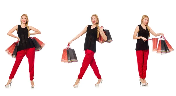 Set van vrouw met boodschappentassen op wit — Stockfoto