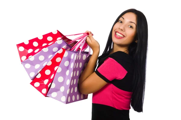 Mujer en el concepto de compras de Navidad en blanco — Foto de Stock