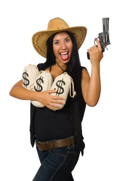 Jonge vrouw met een pistool en geld zakken — Stockfoto