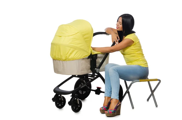 Kobieta z dzieckiem i wózek izolowane na białym — Zdjęcie stockowe