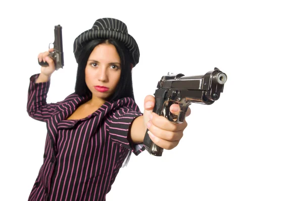 Gangster mulher com arma isolada no branco — Fotografia de Stock