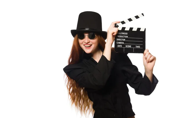 Frau mit Filmtafel isoliert auf weiß — Stockfoto