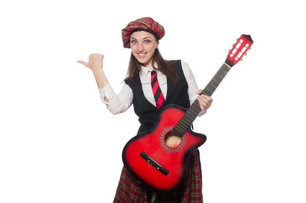 Woman in scottish clothing with guitar — Stock Photo, Image