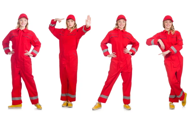 Woman in red overalls isolated on white — Stock Photo, Image