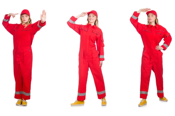 Mulher de macacão vermelho isolado no branco — Fotografia de Stock