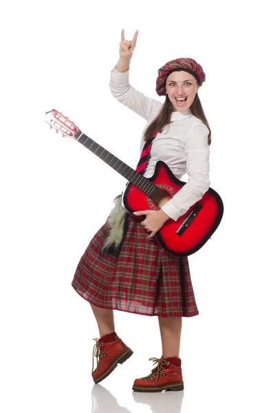 Woman in scottish clothing with guitar — Stock Photo, Image