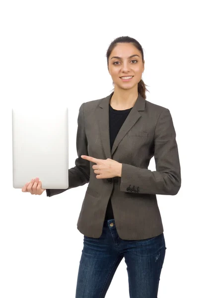 Junge Studentin mit Laptop auf weißem Hintergrund — Stockfoto